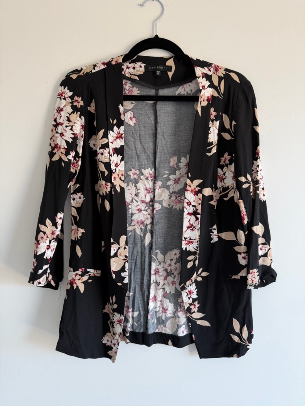Dynamite Black Floral Kimono Blazer | Lightweight Open Front | XS